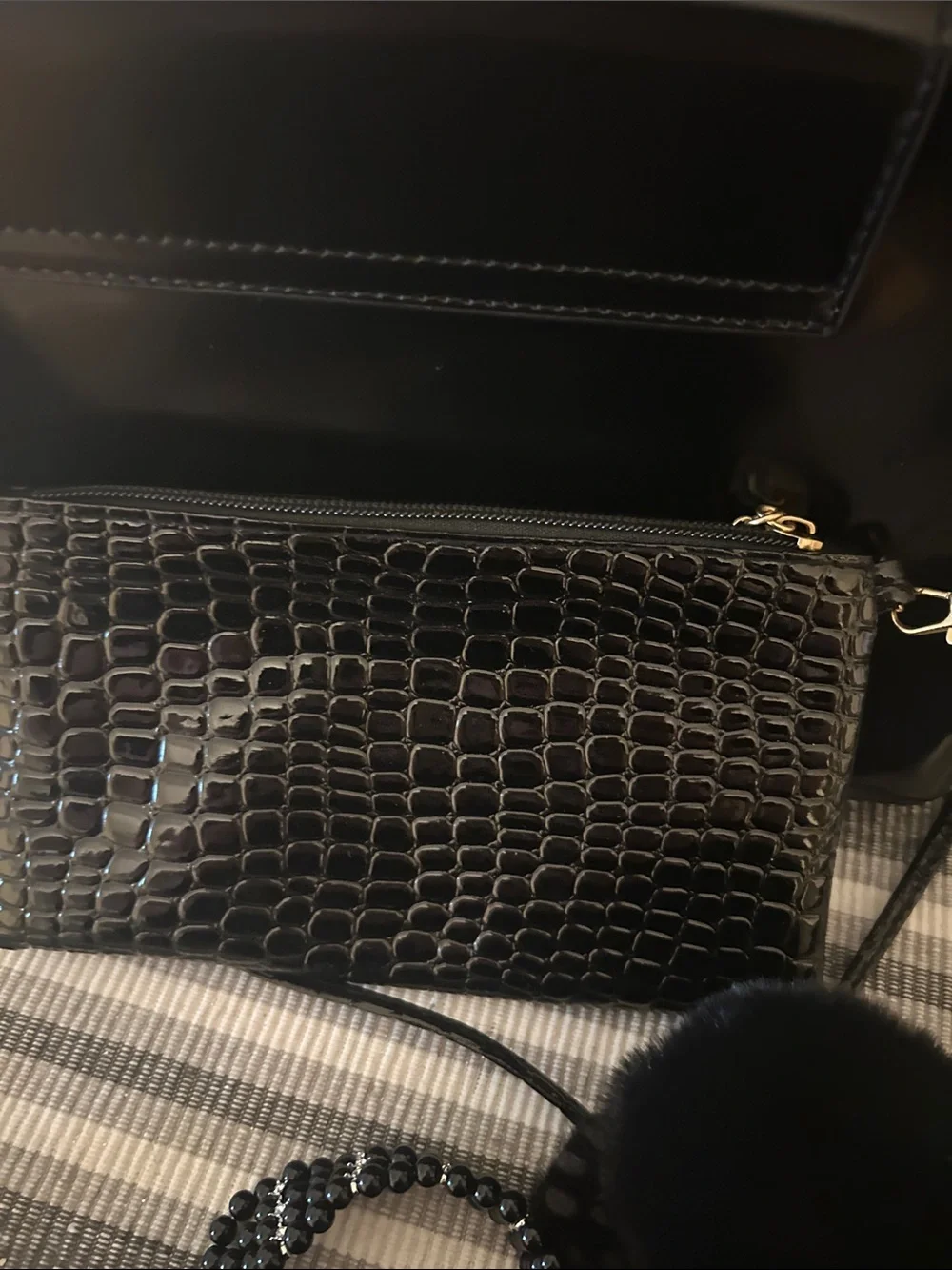 J. Crew Black Patent Shoulder Bag with Croc-Effect Pouch and Charms